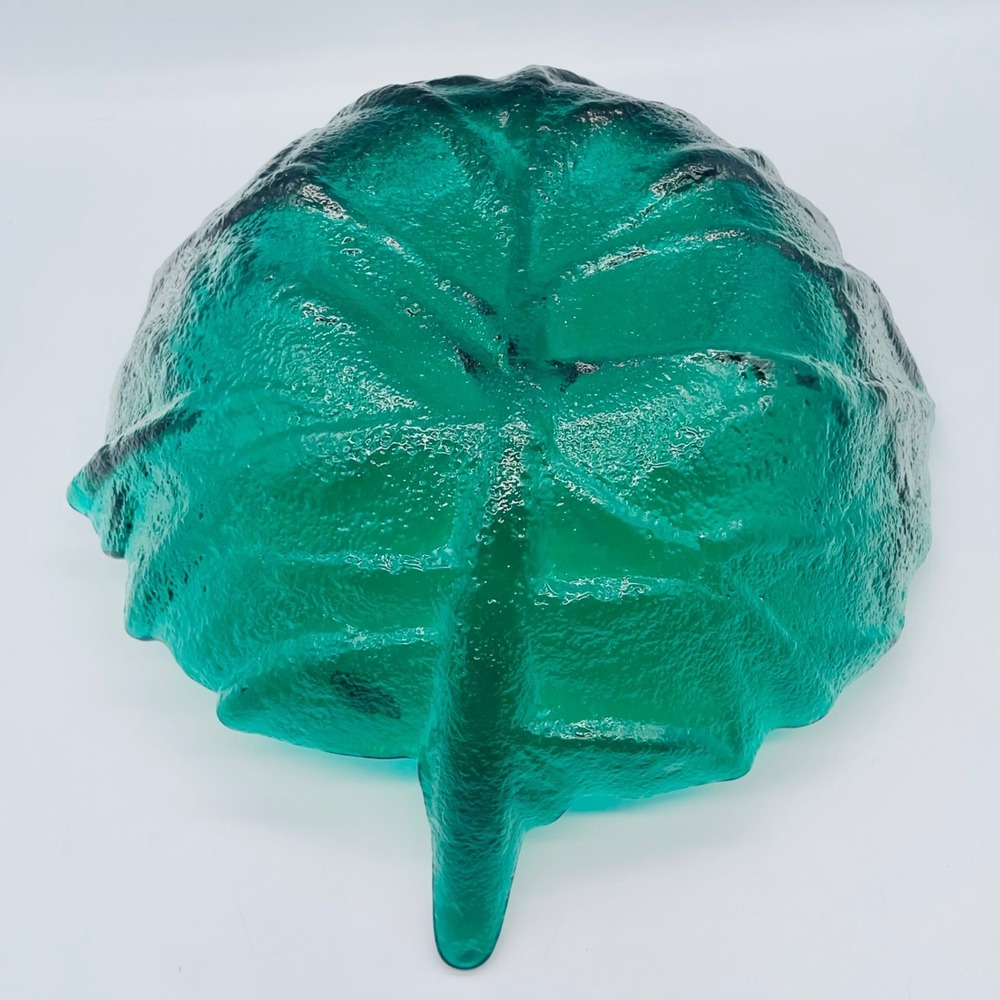 Blenko Art Glass Leaf Bowl Teal Green Textured Mid Century Modern 13" x 11" - Picture 5 of 6